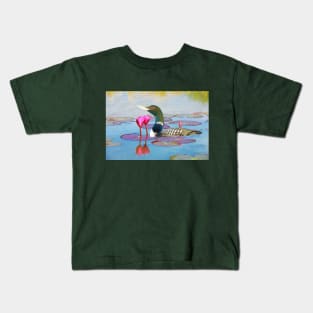 Yellow Billed Loon and Pink Lotus Flowers Kids T-Shirt